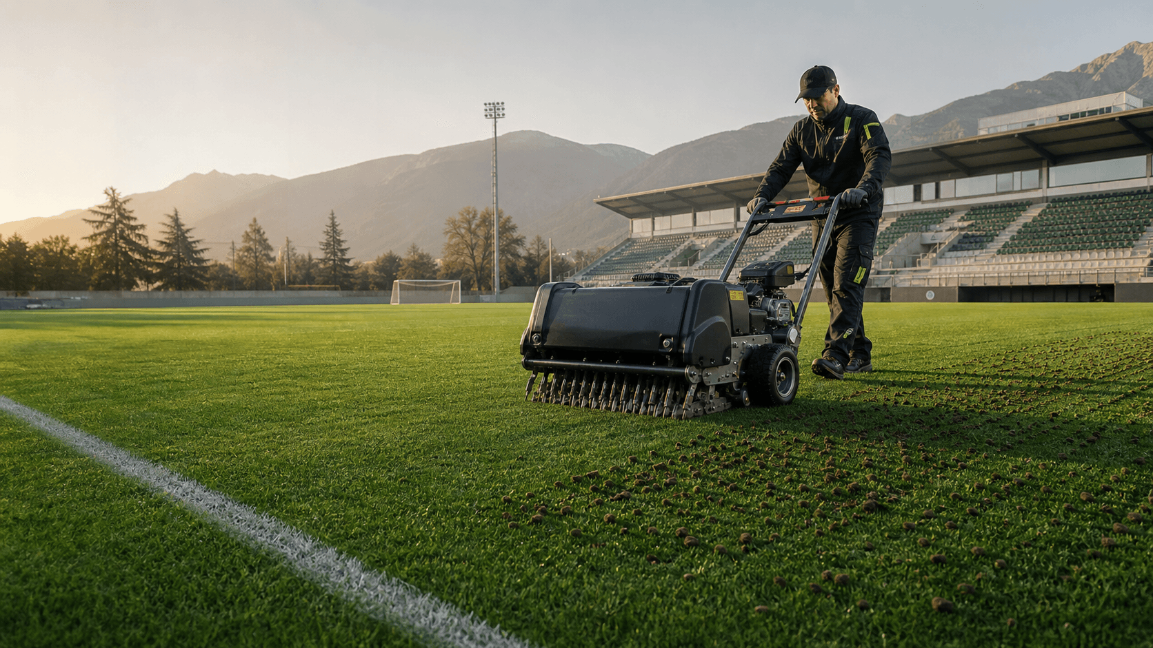 Aireación profesional por extracción de testigos en una cancha de fútbol